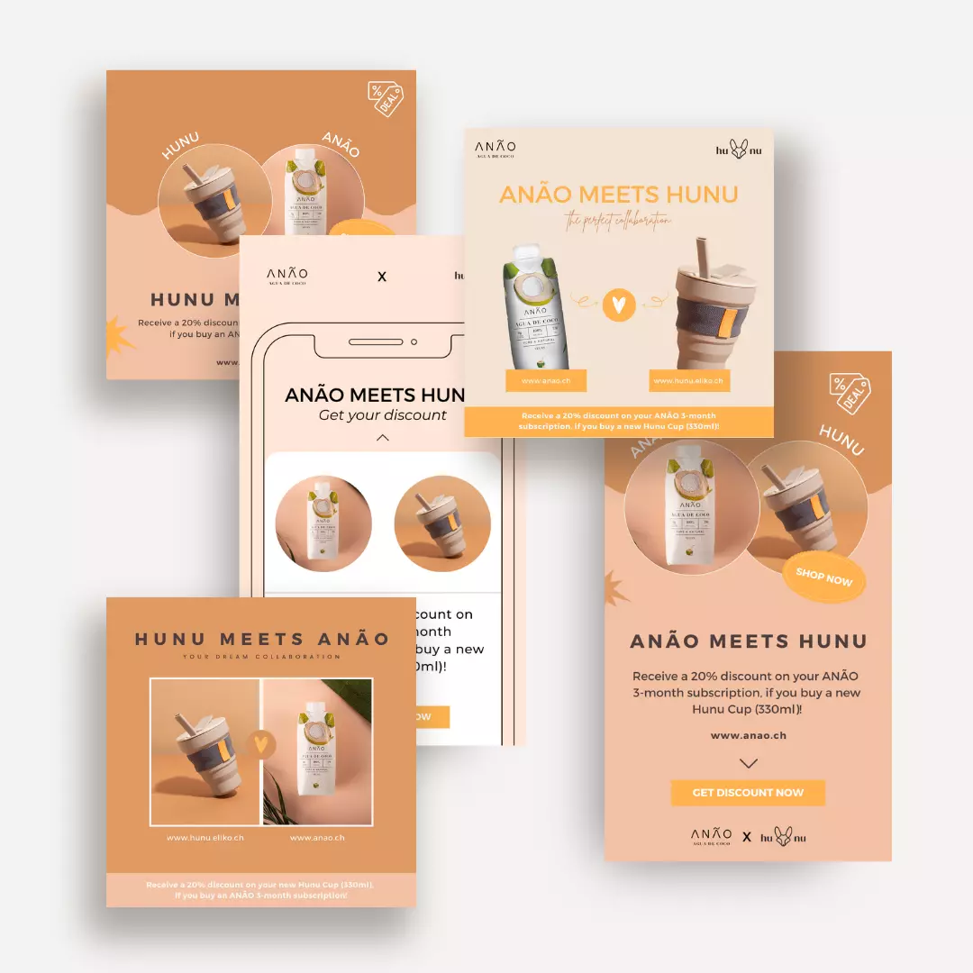 Eine Reihe von ANÃO-Creatives für eine mobile Werbekampagne für gesunde Getränke.